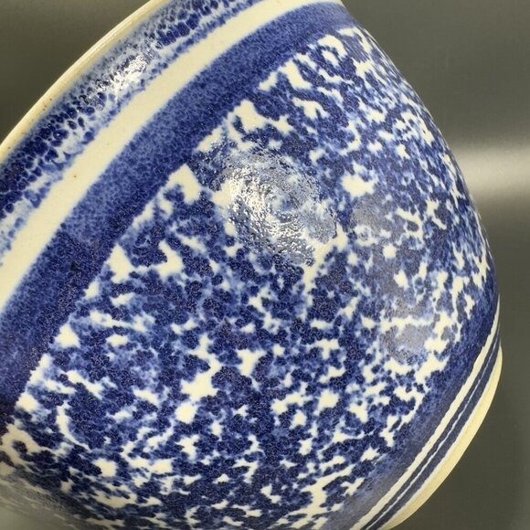 Vintage Hand Made Stoneware Pottery Dish Bowl Hand Glazed Blue Sponge ware Bowl - Picture 8 of 15